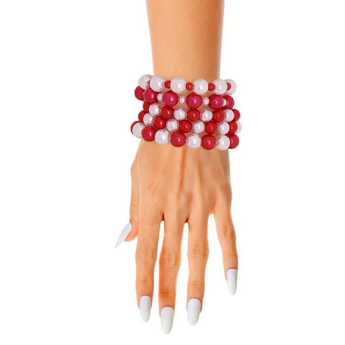 Red and White Pearl Bracelets 5 Pcs