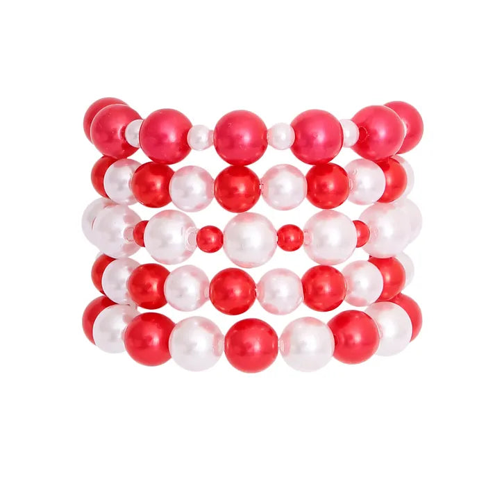 Red and White Pearl Bracelets 5 Pcs