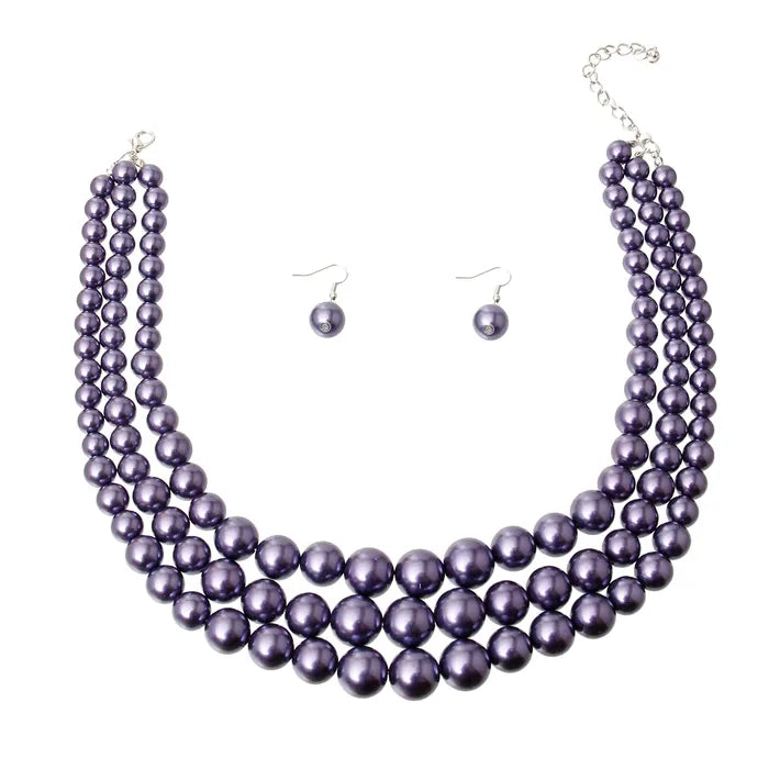 Purple Multi Strand Pearl Necklace Set